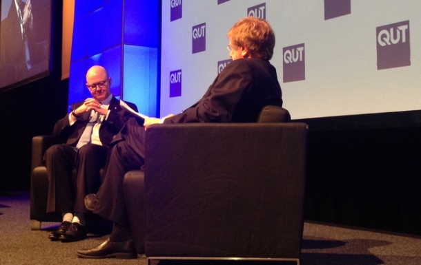 Former News Corp Australia chief executive Kim Williams speaking with journalist Kerry O'Brien at a QUT business leaders' forum. Kim Stephens/Brisbane Times