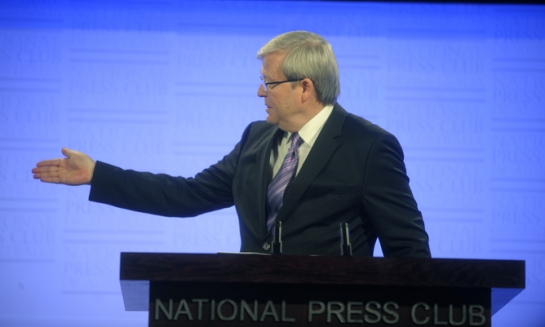 Kevin Rudd displayed the Labor Government’s economic achievements, at the National Press Club today. AAP/Lukas Coch