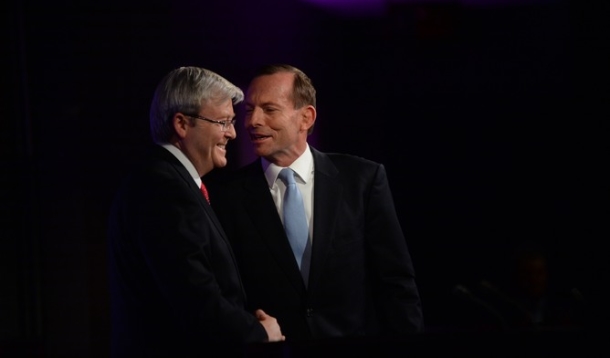 Kevin Rudd managed to just edge out Tony Abbott in their first debate. AAP/Alan Porritt